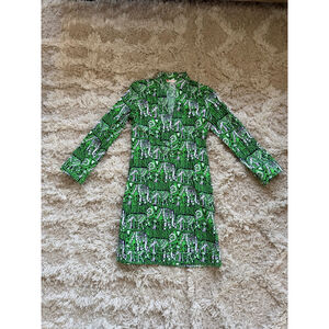 Women's Jude Connally XS Green White Elephant Print Long Sleeve Dress
